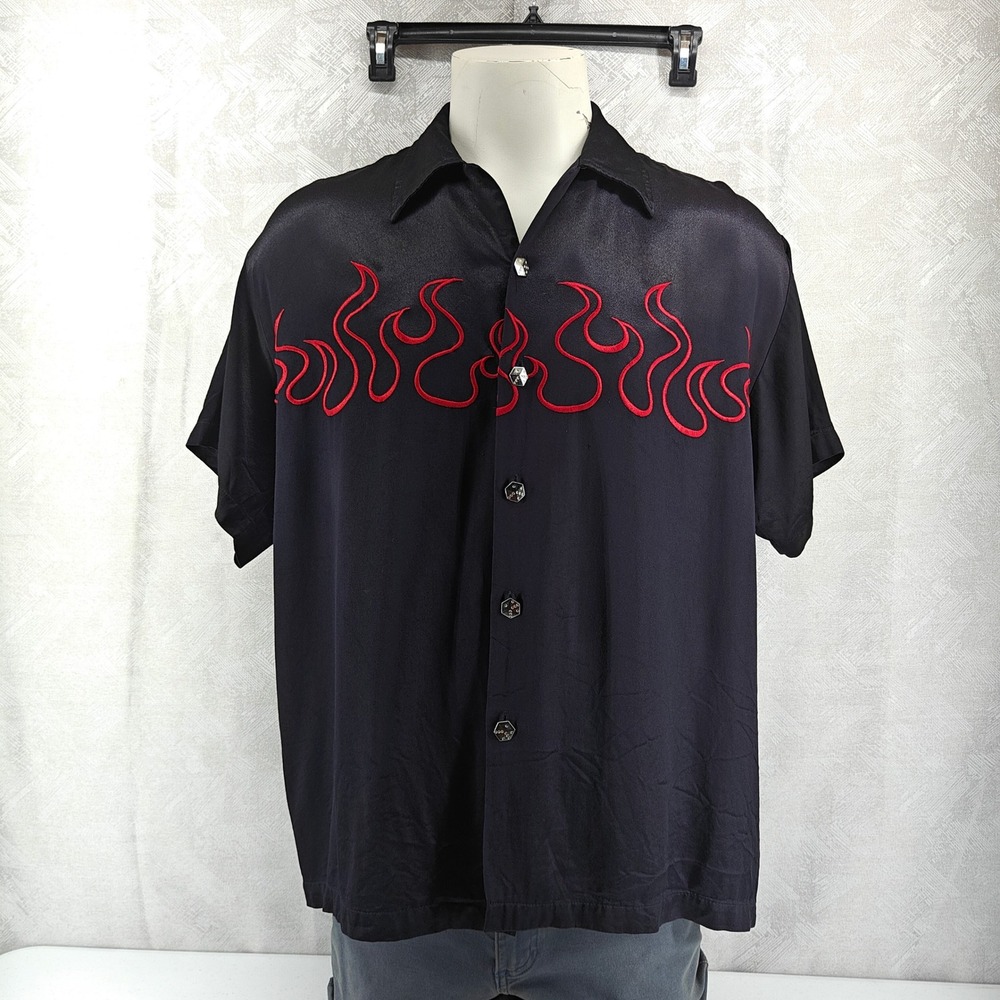 Vintage Johnny Suede Shirt Mens XL Black Red Flame Embroidered Rockabilly Y2K
